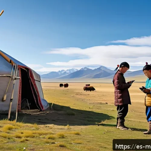 몽골 현대화의 역사 - A vibrant scene showing Mongolian nomads in traditional deels using smartphones and tablets outdoors...