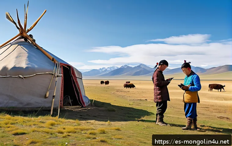 몽골 현대화의 역사 - A vibrant scene showing Mongolian nomads in traditional deels using smartphones and tablets outdoors...