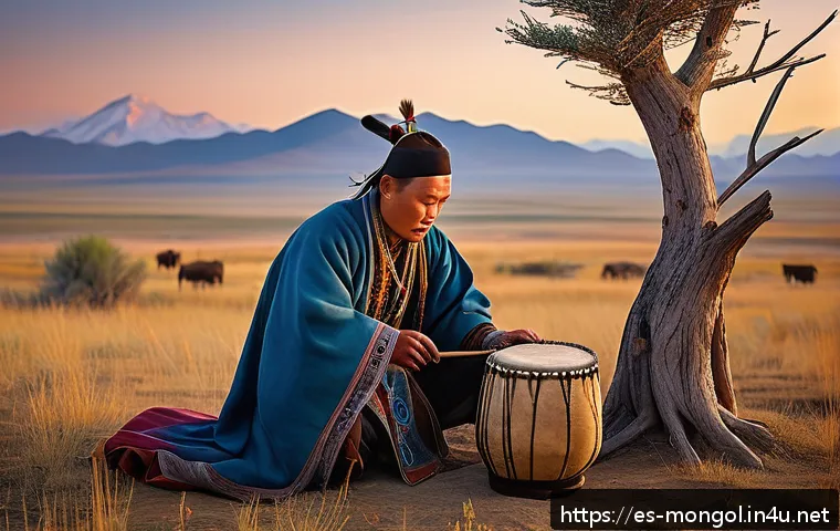 몽골의 전통적 종교적 의식 - A detailed scene of a traditional Mongolian shaman ritual in a vast steppe landscape during twilight...