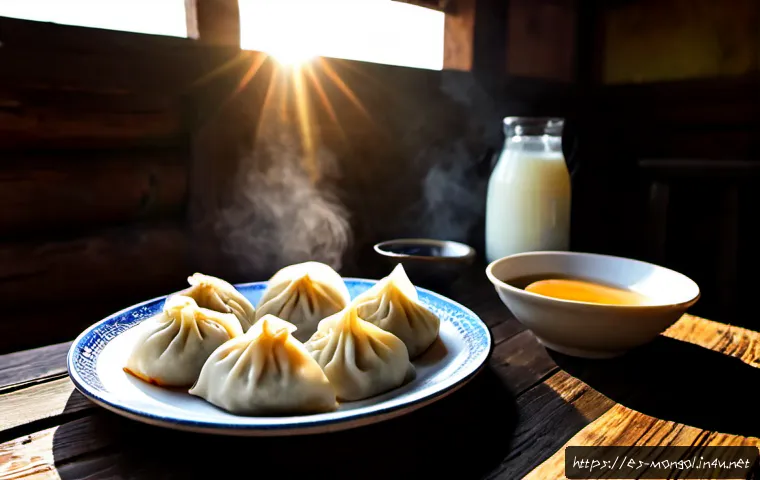 몽골에서 꼭 먹어봐야 할 음식 - Photorealistic Mongolian buuz dumplings arranged on a rustic wooden table, steaming hot in a traditi...