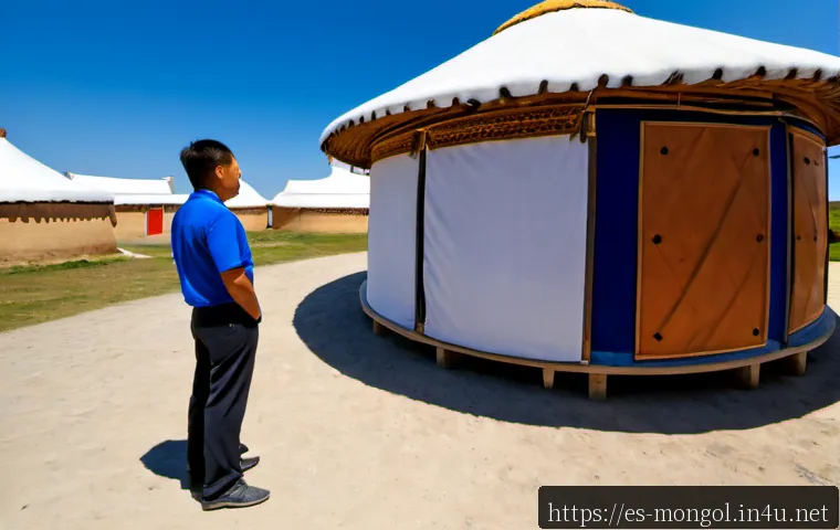 Home 17 몽골 전통 천막 게르 구입 - Photorealistic wide-angle view of a traditional Mongolian ger displayed for sale in a clean outdoor ...