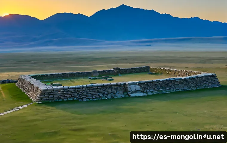 칭기즈칸 유적지 - Photorealistic wide view of the ancient ruins of Karakorum in Mongolia, weathered stone foundations ...