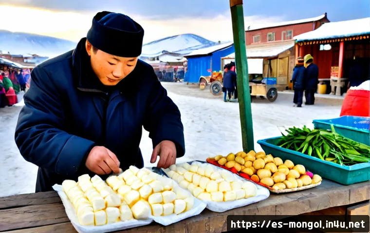 몽골 재래시장과 상인 문화 - Photorealistic morning scene at a traditional open-air market in Ulaanbaatar, Mongolia, friendly Mon...