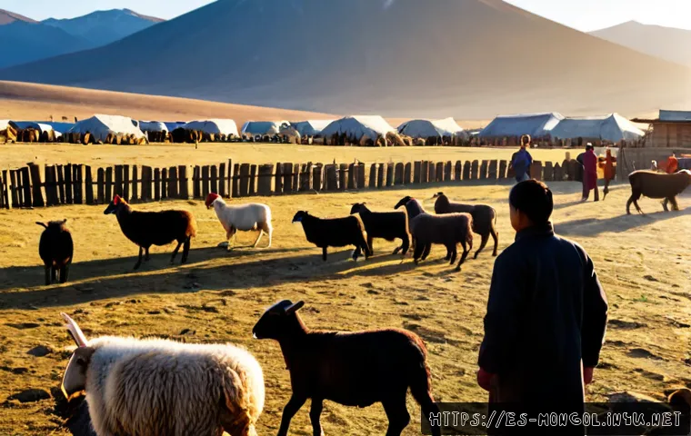 몽골에서의 가축 시장 - Photorealistic Mongolian livestock market at sunrise, sturdy herders in traditional deels inspecting...