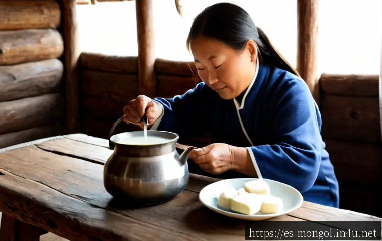 몽골 전통 차와 그 의미 - Photorealistic Mongolian traditional milk tea ceremony inside a warm felt ger, an elderly Mongolian ...